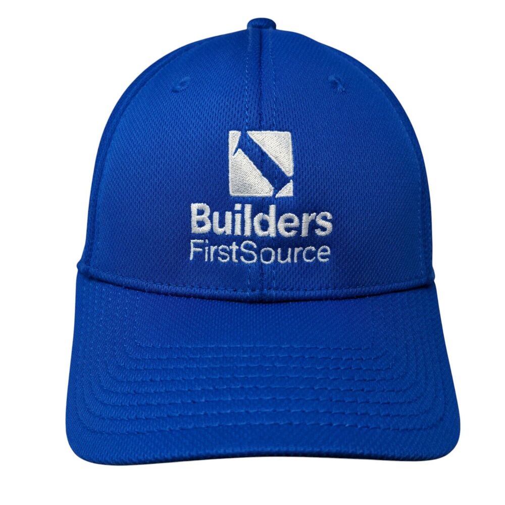 Builders First Source Fitted Hat Blue S/M A-Flex Embroidered 6 Panel Ivory